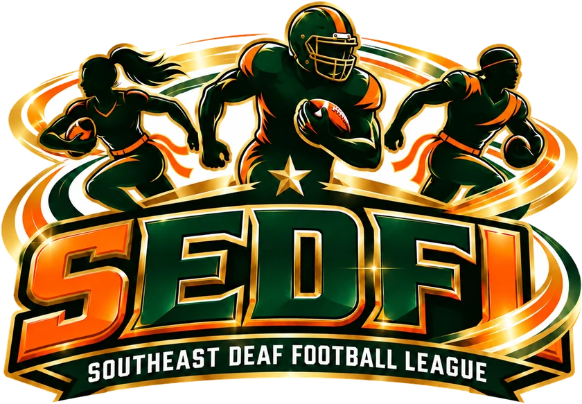 SEDFL crest: three players over the SEDFL lettering, on a ribbon reading Southeast Deaf Football League.